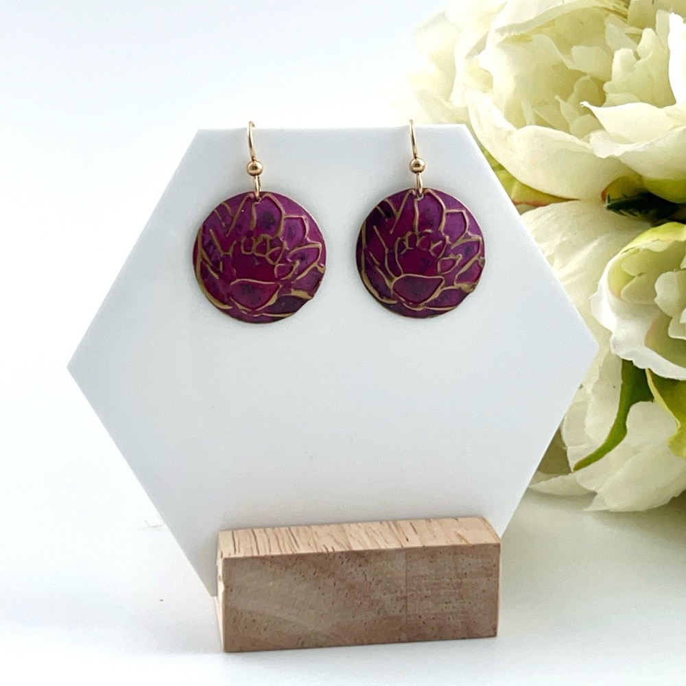 Boho Purple  Lotus Hand painted Dangle Earrings